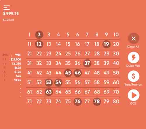 Online Keno gameplay